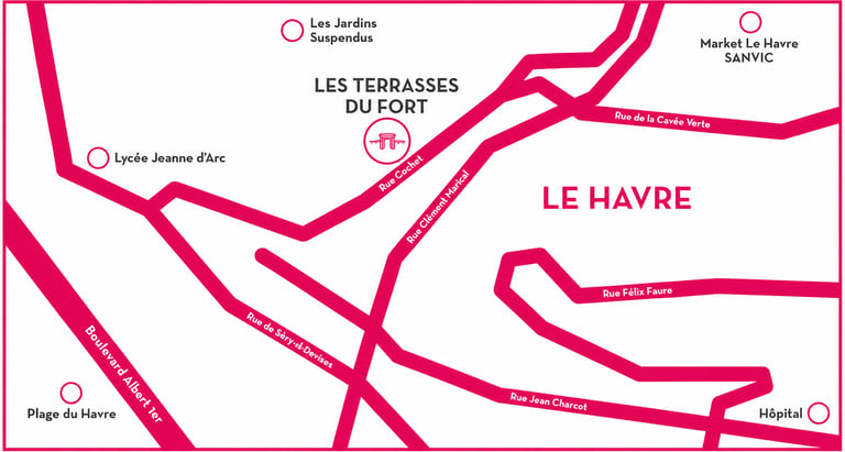 Plan de situation de la résidence Les Terrasses du Fort au Havre avec les principaux axes de circula