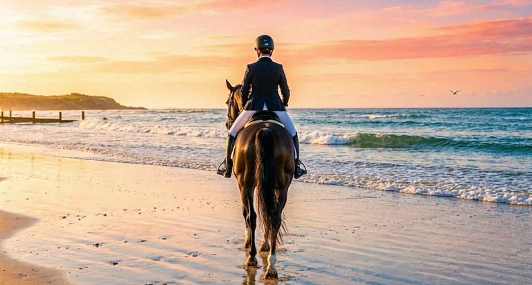 A horse and rider on the beach at sunset