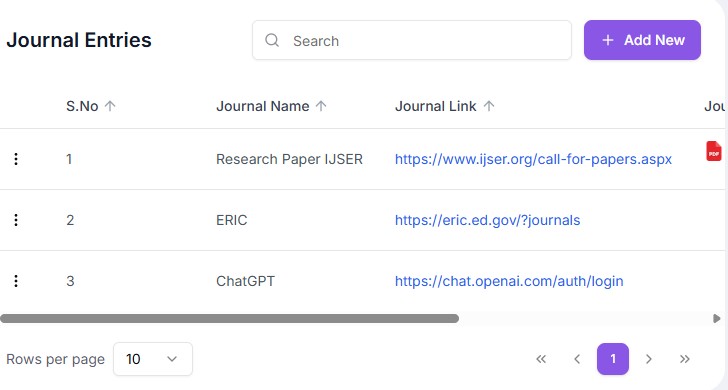 A dashboard showing journal entries with a research paper list, search bar, and add new button.