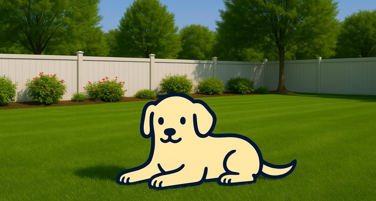 Cartoon dog relaxing in a clean backyard lawn with fence and flowers, symbolizing Salem dog waste cl