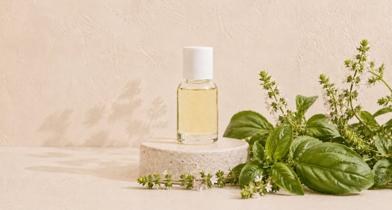 Fresh Ocimum basilicum leaves and flowers beside pale yellow linalool-type basil essential oil