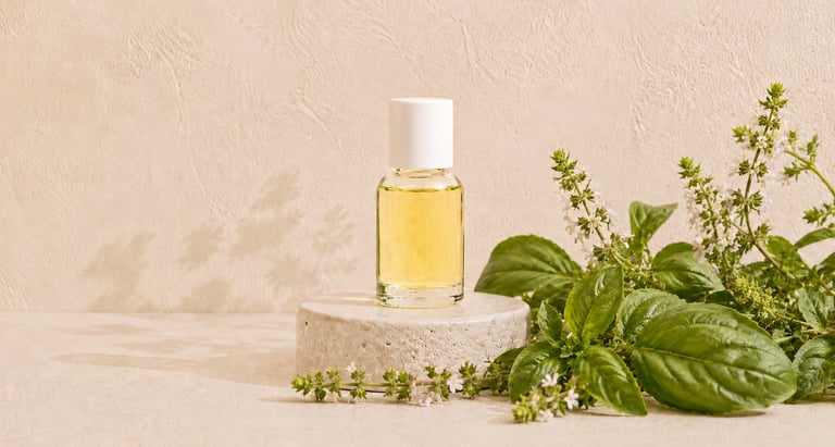 Fresh Ocimum basilicum leaves and flowers beside pale yellow methylchavicol-type basil essential oil