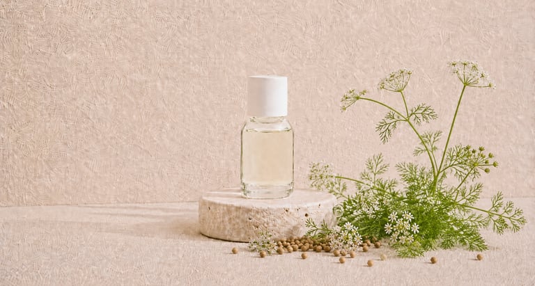 Coriandrum sativum seeds and flowering stems beside pale yellow coriander essential oil
