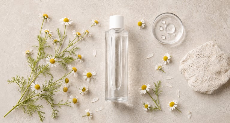 German chamomile water bottle surrounded by white Matricaria chamomilla flowers