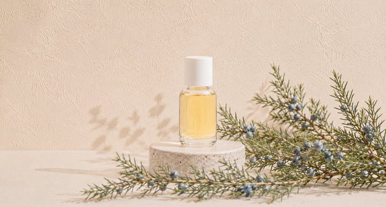 Juniper berries and evergreen branches beside juniper berry essential oil