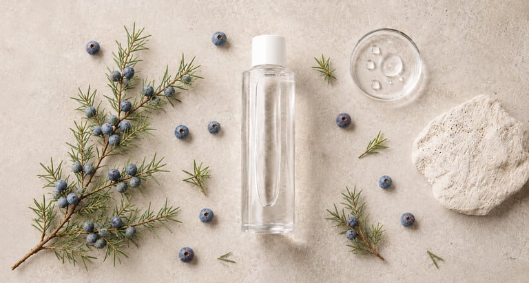 Juniper berry water bottle surrounded by Juniperus communis berries, evergreen branches