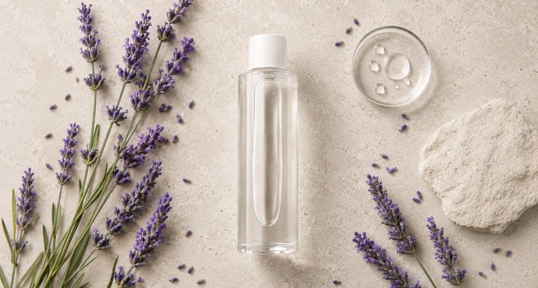 Lavender water bottle surrounded by Lavandula angustifolia flowers