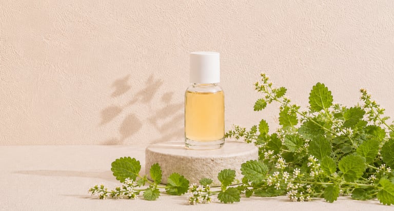 Fresh Melissa officinalis leaves beside melissa essential oil