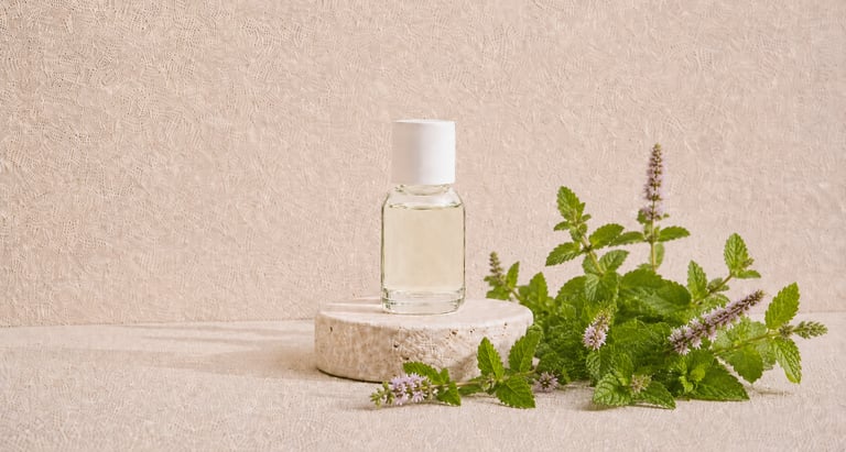 Fresh Mentha arvensis leaves beside clear pale yellow mint essential oil