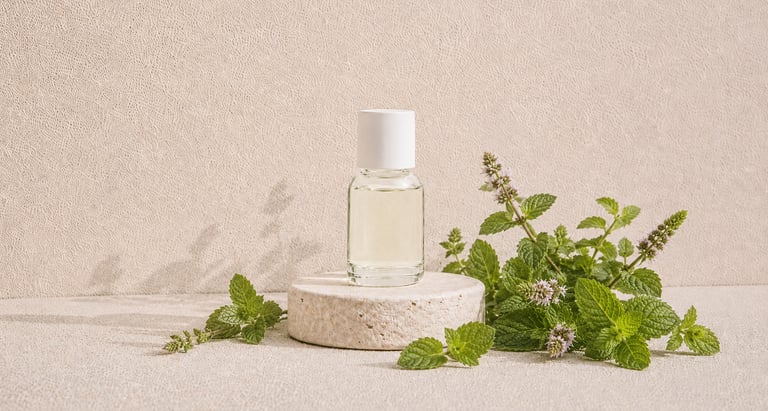 Fresh Mentha piperita leaves beside clear pale yellow peppermint essential oil