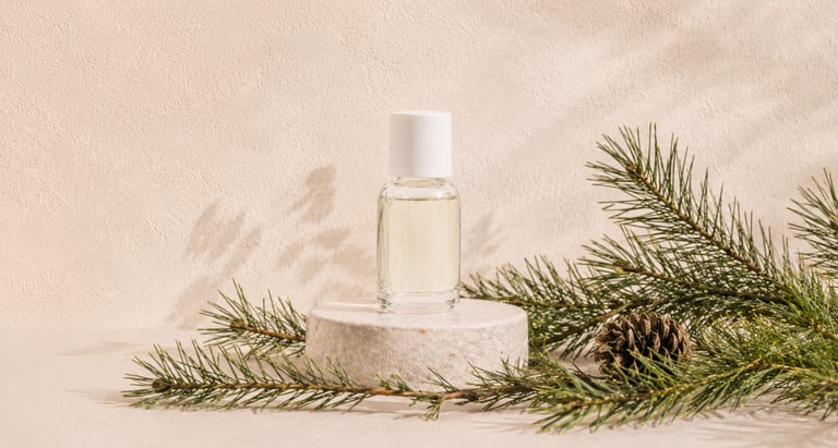 Scots pine needles and cones beside pine essential oil