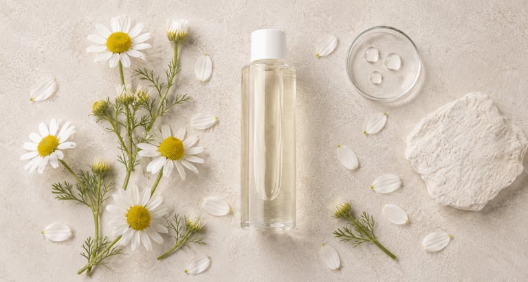 Roman chamomile water bottle surrounded by Chamaemelum nobile flowers