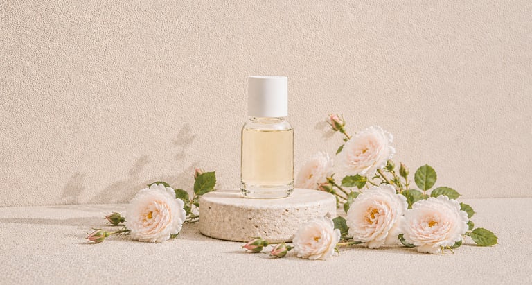 White Rosa alba flowers beside pale golden Rose Alba essential oil