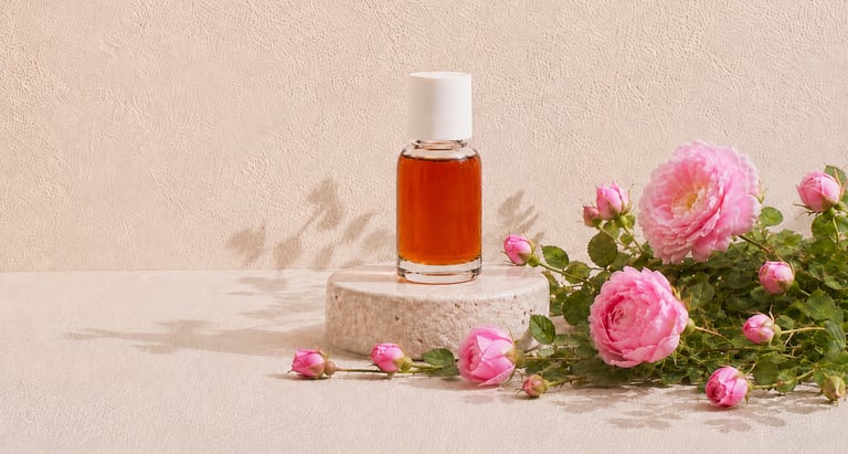 Rose absolute bottle on natural stone surrounded by pink Rosa damascena flowers and scattered rose petals
