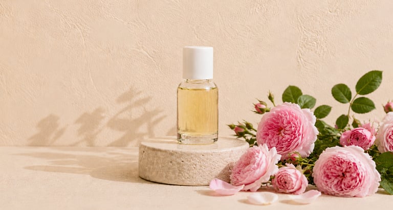 Rose Centifolia oil bottle with layered pink Rosa centifolia flowers