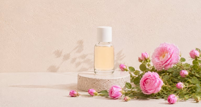 Rosa damascena flowers beside pale golden Damask rose essential oil
