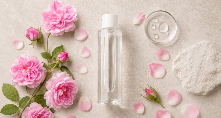 Rose water bottle surrounded by pink Rosa damascena flowers