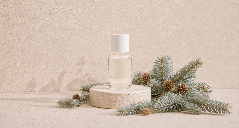 Abies alba branches and cones beside pale yellow silver fir essential oil