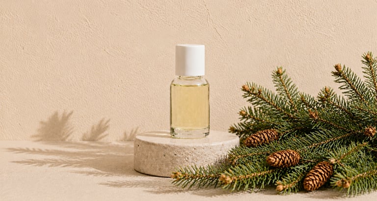 Picea abies branches and cones beside clear pale yellow spruce essential oil