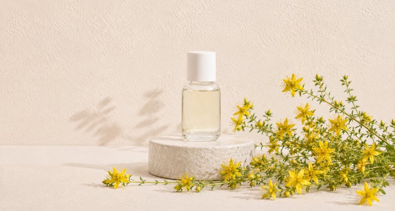 Yellow Hypericum perforatum flowers beside St John's wort essential oil
