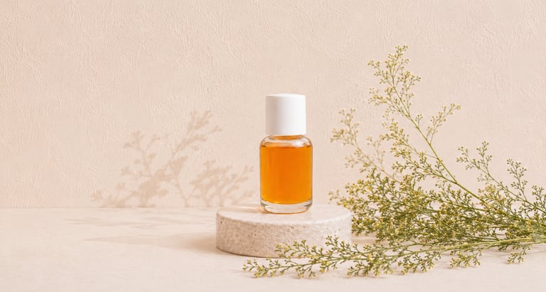 Artemisia annua leaves and flowering tops beside sweet wormwood essential oil