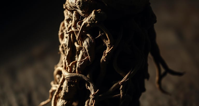 A close-up view of the root of a licorice plant, with its gnarled and knotted texture