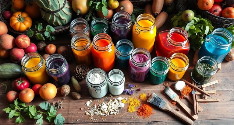 A vibrant assortment of jars filled with homemade natural paints in various colors,