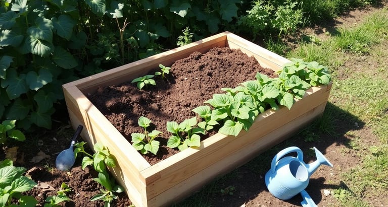 Potato box setup in a lush garden, showcasing wooden planks stacked for elevation.