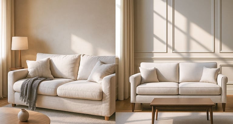 Side-by-side view of a relaxed custom couch and a structured sofa, showing design and mood differences.