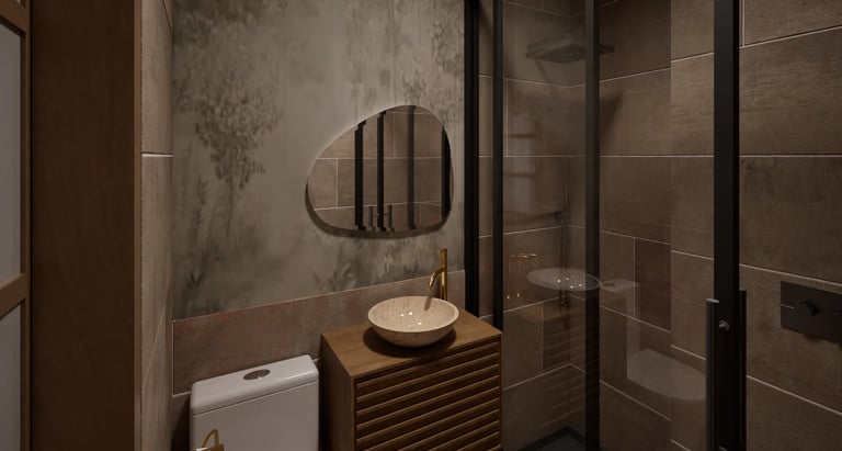 Render 3D baño con ducha de cristal, espejo orgánico y revestimiento en tonos tierra