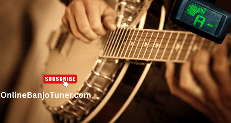 A person tuning a 5-string banjo using a online tuner  for a perfect pitch.