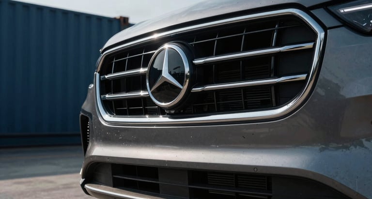 Low-angle heroic close-up of a premium automobile grille on a shipping dock, sharp directional sunlight on steel, 35mm