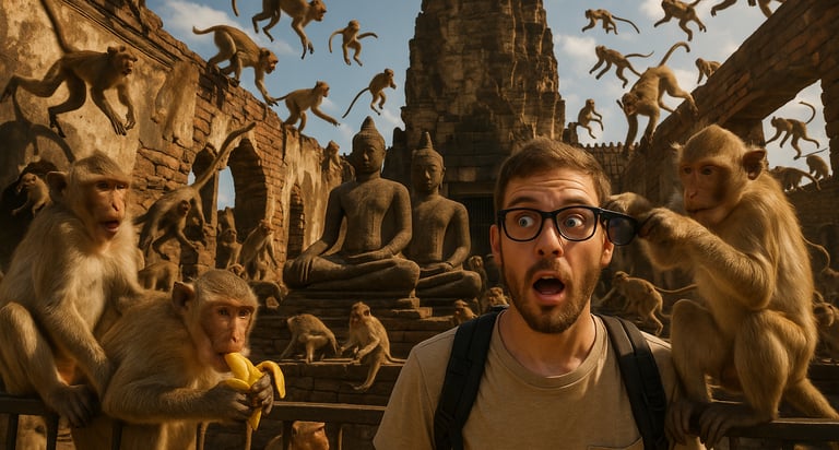 Playful monkeys climbing over ancient temple ruins in Lopburi, Thailand, with tourists watching and interacting in the lively