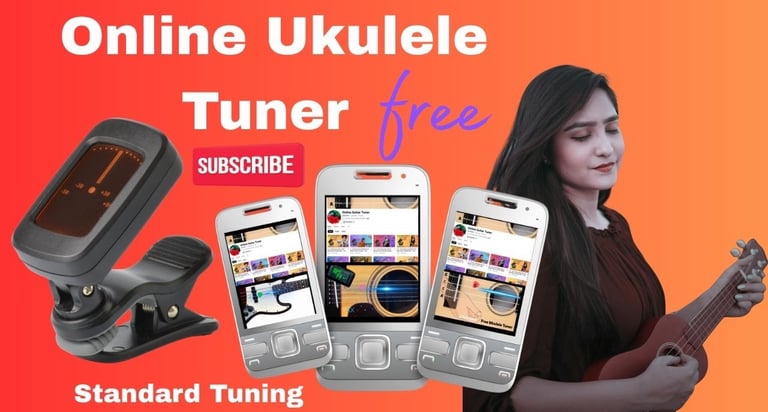 Woman using a free online ukulele tuner app on mobile phones with a digital clip-on tuner.