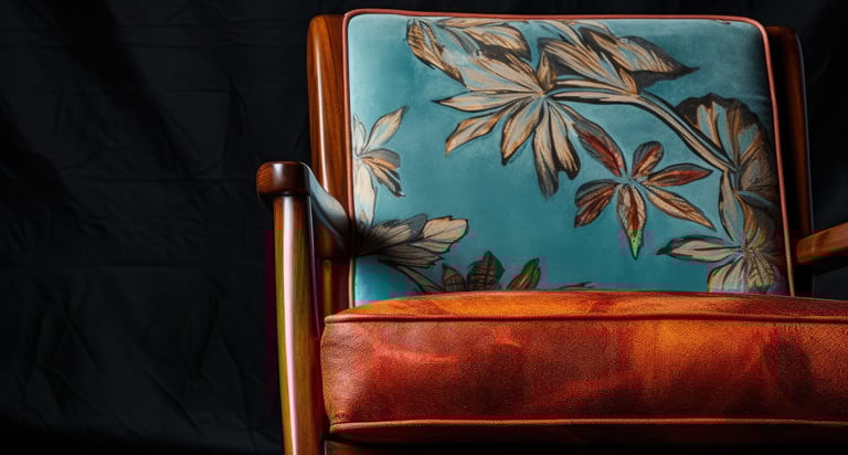 Un fauteuil en bois exotique couvert de deux cousin à motifs floraux bleu et marron