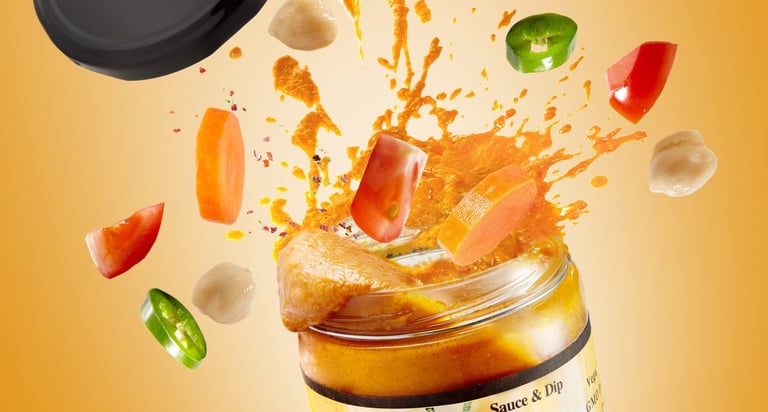 jar of sauce with exploding cut vegetables