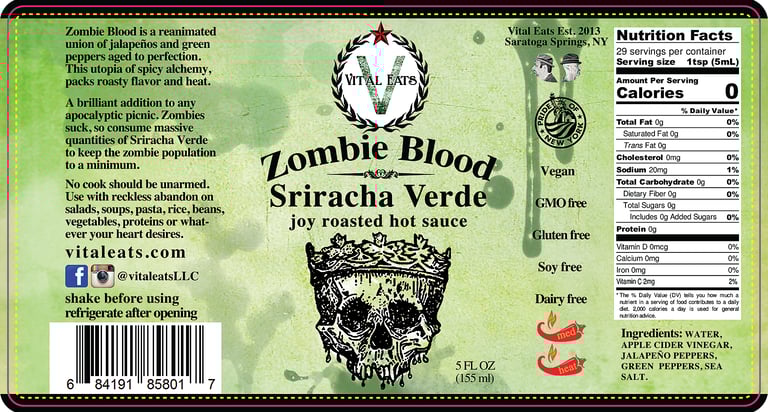 nutritional panel and label for Vital Eats Sriracha Verde hot sauce