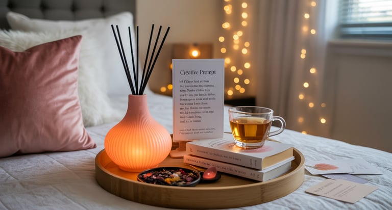a tray with a cup of tea and a book