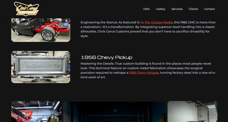 Chris Cerce Customs website showcasing custom metal fabrication for a 1956 Chevy pickup tailgate.