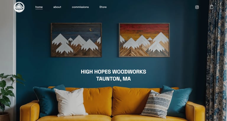 Rustic wood mountain wall art hanging above a yellow sofa in a modern home interior.
