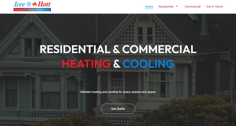 Icee Hott Heating & Cooling website banner featuring residential and commercial HVAC services over a house.