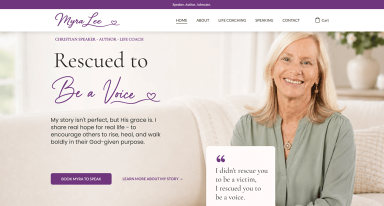 Christian speaker and life coach Myra Lee smiles on her website homepage for inspirational speaking.