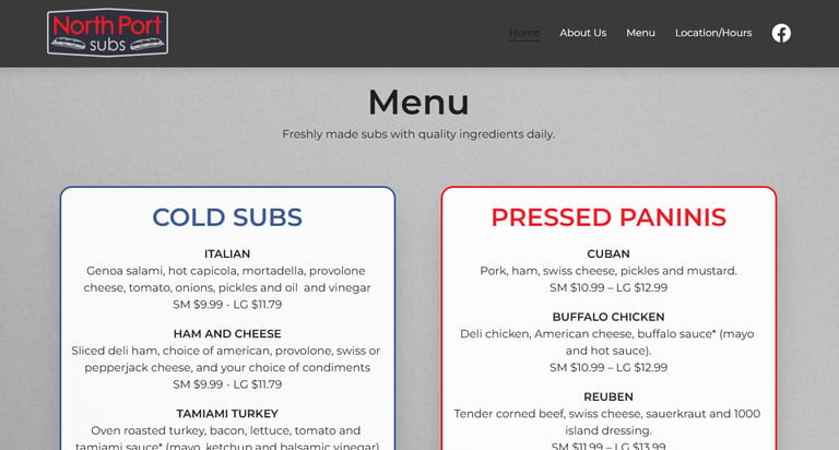 Menu for North Port Subs featuring cold subs and pressed paninis with prices and ingredients.