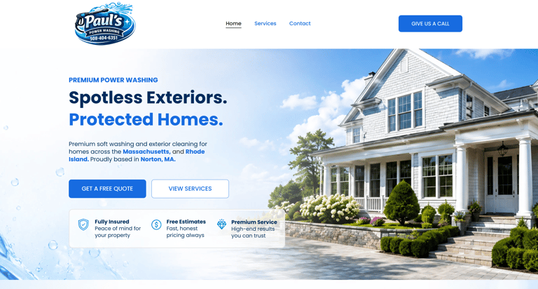Paul's Power Washing website banner featuring a clean white house with a paved driveway in Norton, MA.