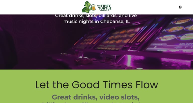 A row of glowing video slots at The Tipsy Turtle bar in Chebanse, IL.