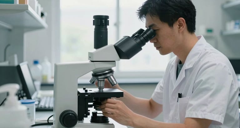 A professional NUTH clinician in a bright, clean laboratory environment, adjusting a modern microscope, natural light from a large window