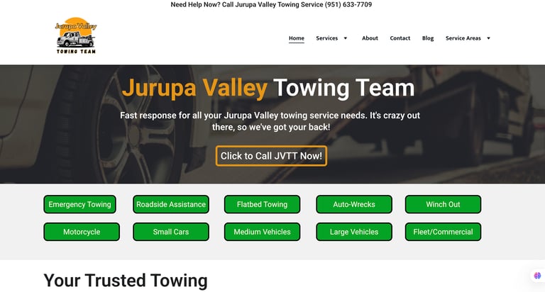 Screenshot of the website homepage Jurupa Valley Towing Service in Jurupa Valley, CA.