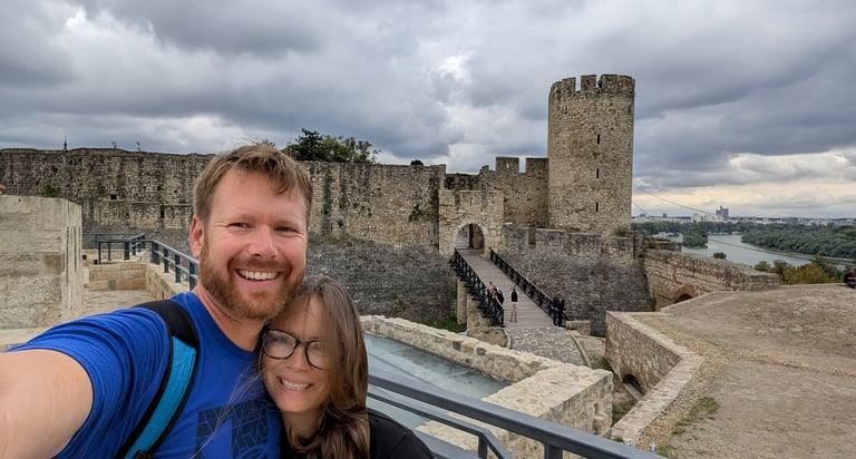 Don and samntha with Belgrade fortress in Belgrade Serbia 
