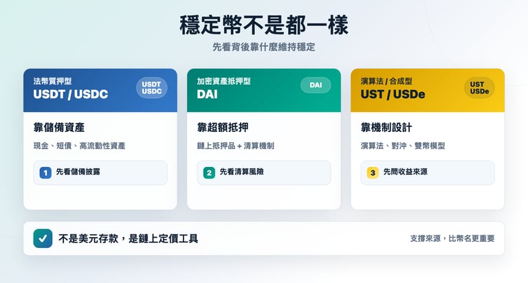 穩定幣類型比較圖,說明法幣質押型、加密資產抵押型、演算法與合成型穩定幣的支撐來源與新手風險重點