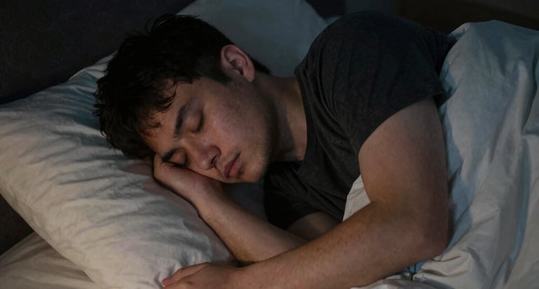 a man sleeping on a bed next to a bottle homeopathic coffea
